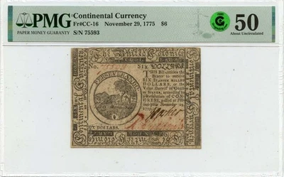 1775 November 29, $6 Continental Currency FR#CC-16 PMG AU50 GCC Green - Image 1 of 2