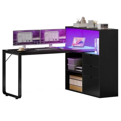 55-дюймовый компьютерный стол L-образный стол с ящиками и розетками питания с книжной полкой - Изображение 1 из 4