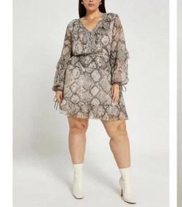RIVER ISLAND Plus Blouson Sleeve Mini Dress-Grey UK 18 RRP £42 Holiday Summer - Picture 1 of 3
