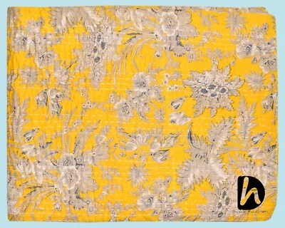 Funda de cama amarilla hecha a mano manta king size algodón cubrecama Kantha edredón sábana Foto 1 de 4
