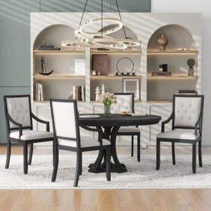5-Piece Dining Set Retro Extendable Round Table & 4 Chairs Black Oak - Picture 1 of 23