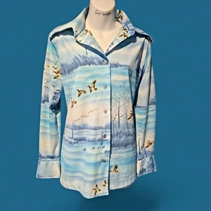 VINTAGE 70s DUCK PRINT POLYESTER SHIRT womens pointy collar novelty top XL 4C - Picture 1 of 13