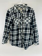 Ruff Hewn Women's M Black White Plaid Flannel Long Sleeve Pouch Pockets Buttoned