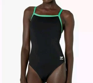 Speedo Endurance + Womens Flyback One Piece Swimsuit Sz 8/34 Black Green $75 RP - Picture 1 of 5