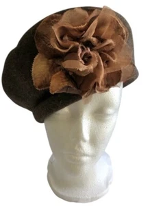 Rabbit Felt Brown Vintage Beret Womens Puff Hat Ribbon Flower 1940s Unique Cap - Picture 1 of 5