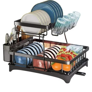 2-Tier Drying Dish Rack and Drain Board Set Utensil Holder Metal Kitchen Counter - Picture 1 of 12