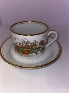 Fitz And Floyd China St. Nicholas Porcelain Flat Cup And Saucer Set Gold Trim - Picture 1 of 9