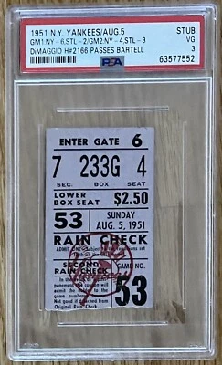 1951 JOE DIMAGGIO PASSES D BARTELL HIT#2166/MICKEY MANTLE ROOKIE YR TICKET PSA 3 - Image 1 of 4