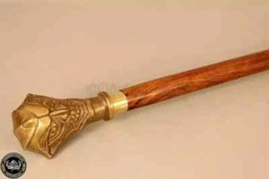 Antique Brass Golden Finishing Handle Walking Stick Cane Wooden Walking stick - Picture 1 of 5