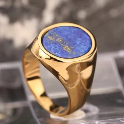 Waterproof Stainless Steel Lapis Lazuli Oval Shape Ring Gold Color for Men Women - Image 1 of 4