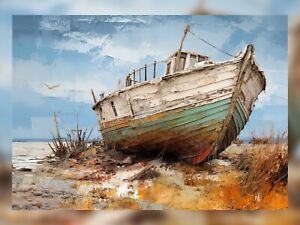 Abandoned Boat on Shore Oil Painting Print - Nautical Art Decor 5" x 7"