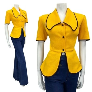 VTG 60S 70S TAILORED WAITRESS YELLOW BROWN DOG EAR CROPPED PEPLUM SHIRT 12 - Picture 1 of 11