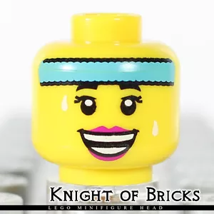Lego Minifigur Kopf GELB weiblich dunkel azurblau Stirnband weiß Schweißtropfen - Bild 1 von 2