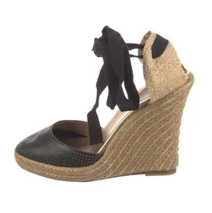 Christian Louboutin Lace-Up Leather Espadrille in Black Gold High Heel Sz 38 8 - Picture 1 of 11