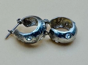 Sterling Silver 925 “C” Signed Huggie Hoop Earrings with Bezel CZ Stones – 3g - Picture 1 of 11