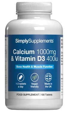 SIMPLY SUPPLEMENTS Calcium 1000mg & Vitamin D3 400iu * 180 Tablets * For Bone Health