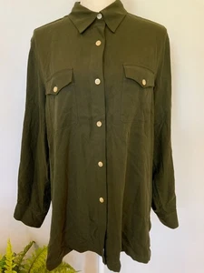 LAUREN RALPH LAUREN Womens Size Large Green Silk Collar Pocket Long Sleeve Shirt - Picture 1 of 5