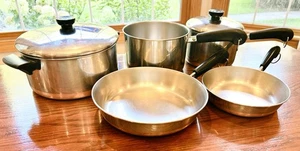 7pc Revere Ware 1801 Copper Clad Bottom Cookware 3 Pots, 2 Lids & 2 Skillets - Picture 1 of 10