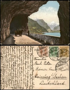 Ansichtskarte Axenstrasse   Fuhrwerk 1908  gel. Merfachfrankatur Brunnen - Picture 1 of 3