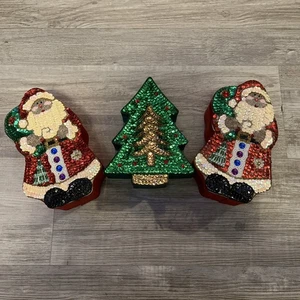 3 Scatole Natalizie Decorate Decorate con Perline e Paillettes 2 Babbo Natale e 1 Albero - Foto 1 di 16
