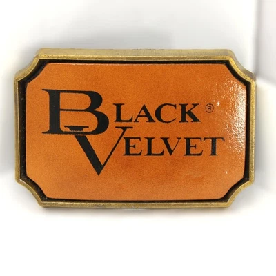Vintage Black Velvet Whiskey Promo Belt Buckle Vinyl Graphic Brass 1970s RJ - Image 1 of 4