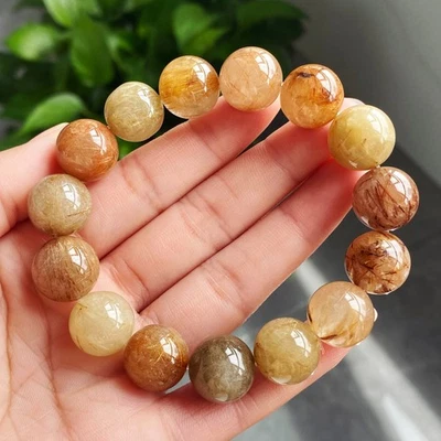 14.3mm Natural Copper Rutilated Quartz Crystal Beads Bracelet 009 - Image 1 of 4