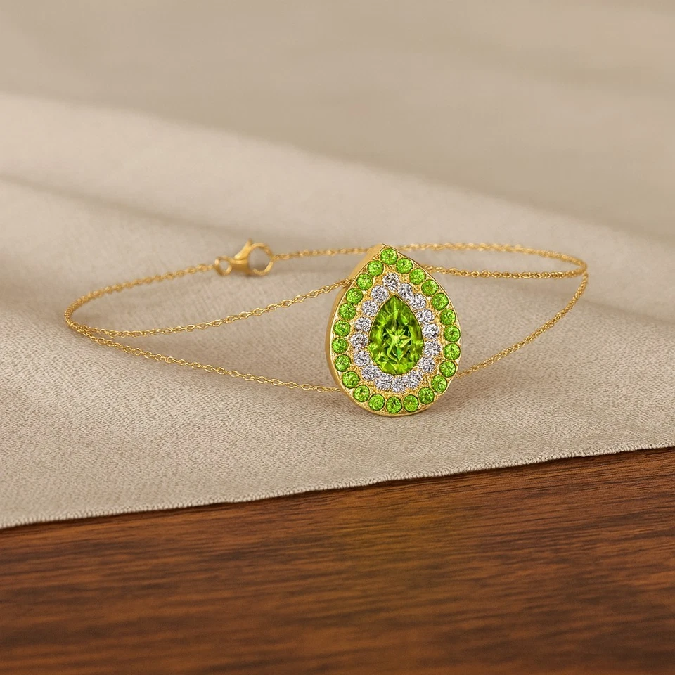 Teardrop Peridot & Diamond Bracelet in 14K Solid Gold – August Birthstone # 1007 - Image 1 of 1