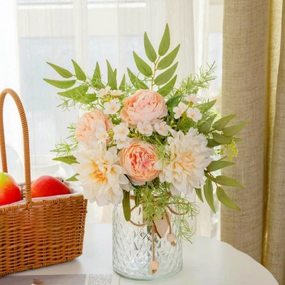 Flores artificiales en florero-camelia y dalia blanca imitación seda flores plantas... Foto 1 de 4