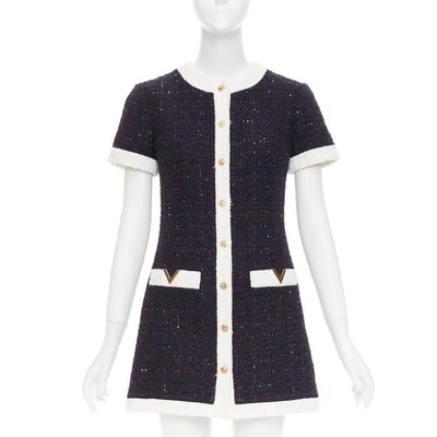VALENTINO 2023 Retro Mini cream navy boucle tweed V logo mini dress IT38 XS - Image 1 of 4