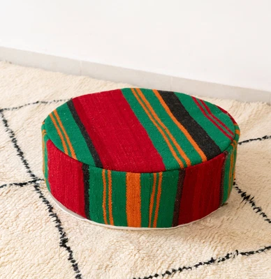 20x20 Moroccan Handmade Pouf Berber Kilim Rug Green and red Floor Cushion - Image 1 of 4