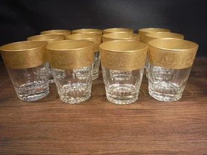 12 Tiffin Franciscan Clear Optic 12 Oz Gold Encrusted WHISKEY TUMBLERS - Picture 1 of 3