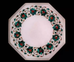 12" Octagon White Marble Table Malachite Stone Mosaic Design Furniture Decor Art - Picture 1 of 8