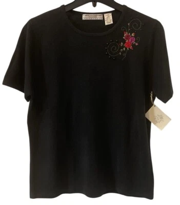 Suéter Carolyn Taylor Negro Manga Corta 100% Acrílico Mujer’s M Bordado a Mano Foto 1 de 4