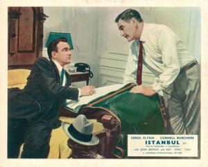Istanbul original lobby card Errol Flynn John Bentley in hotel room