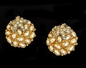 Vtg Kenneth J Lane KJL Faux Pearl Bombe Rhinestone Starfish Clipback Earrings - Picture 1 of 2