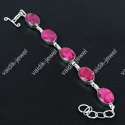 Kashmiri Ruby Oval Gemstone 925 Sterling Silver Jewelry Gift Bracelet 7" VJ 876 - Image 1 of 4