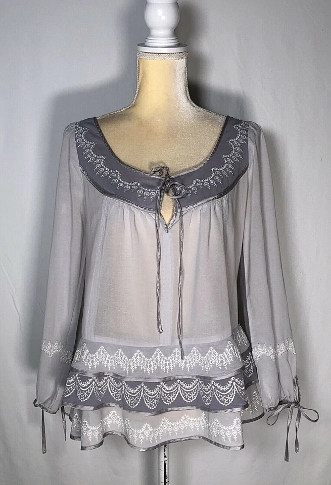Blusa Top Blusa Mujer Lithe Anthropologie 4 Algodón Seda Bordado Boho Gris  Foto 1 de 4