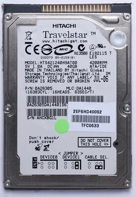 Hitachi Travelstar 40GB IDE 2.5" Laptop HDD Model HTS421240H9AT00 P/N: 0A26305 - Image 1 of 2