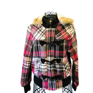 Wet Seal Plaid Jacket Removable Hood Womens Sz XS Brown / Pink / Cream - Picture 1 of 7