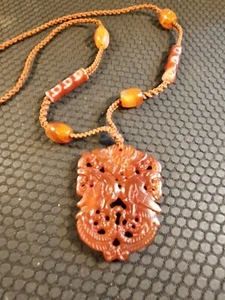Vintage chinesische geschnitzte Achat Doppel Phönix Seide geflochten Halskette roter Karneol - Bild 1 von 24