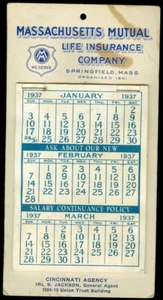 MASS. MUTUAL LIFE 1937 STAND UP CALENDAR - Picture 1 of 1