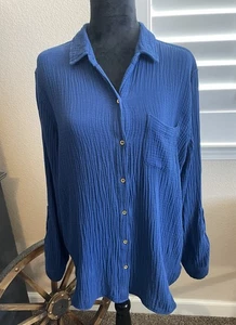 Blusa ANNE KLEIN Azul Profundo Algodón Gasa Manga Larga Rollo/Tostado Dorado Abotonado Largo - Imagen 1 de 22