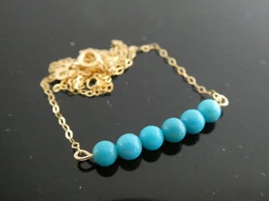 14k Yellow Gold Bar Sleeping Beauty Turquoise Bead Chain Necklace Signed JCM - Picture 1 of 6