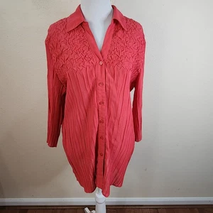 Maggie Barnes Coral Red Long Sleeve Accordion Button Down Blouse Shirt 14/16 - Picture 1 of 6