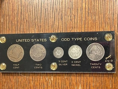 half cent, two cent, 3 cent silver, 3 cent nickel, twenty cent 90% silver - Image 1 of 4