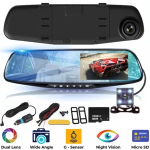 4.3" 1080P Car Mirror Dash Cam Dual Lens DVR Camera Front & Rear Video Recorder - Picture 1 of 19