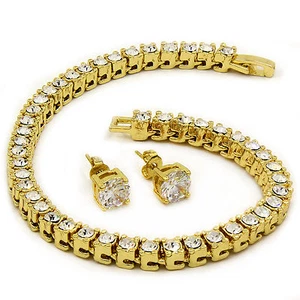 Men's 14k Gold Plated 8.5" 1 Row Cubic Zirconia Hip-Hop Bracelet Free Earring - Picture 1 of 4