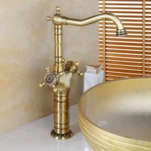 Grifo de lavabo de baño de latón antiguo 2 asas grifo mezclador giratorio montaje en cubierta - Imagen 1 de 12