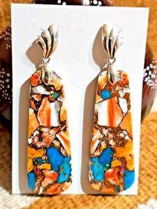 FINE Native American CREE Slab Spiny Oyster Real Turquoise Dangle 2.75" Earrings - Picture 1 of 8