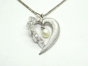 Pearl Dangle & Diamond Open Heart Pendant 14k White Gold Chain 10k White Gold - Picture 1 of 5